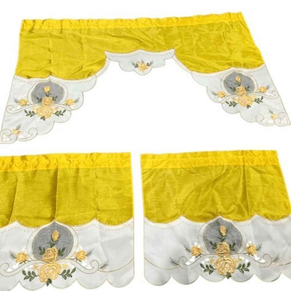 Yellow Rose Melody 3pc Kitchen Cafe Curtain Swag Tier Set Embroidered GOHD